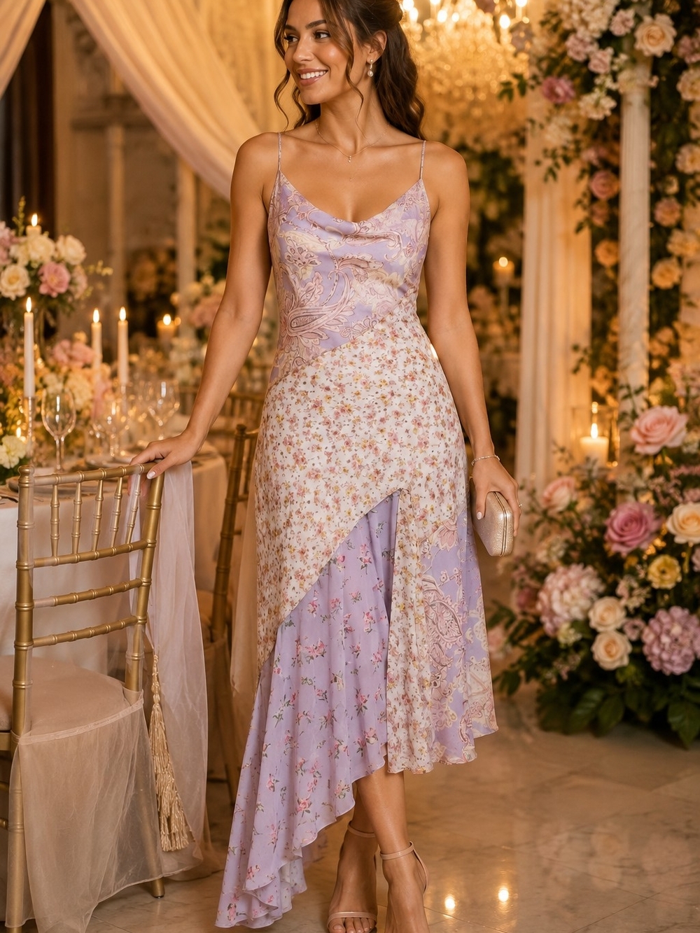 Charmed Hearts Women’s Small Floral Patchwork Cowl Neck Asymmetrical Maxi Dress